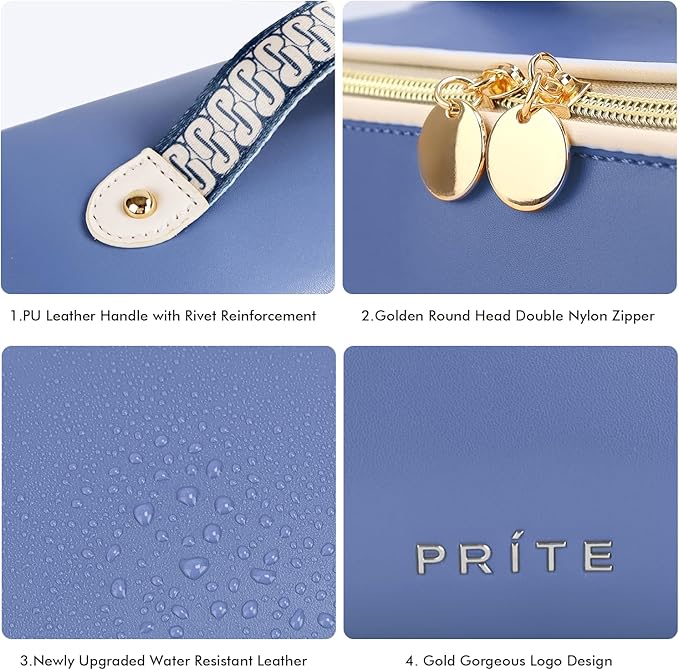 Prite Makeup Bag for Women Travel Waterproof Vegan Leather Cosmetic Bag Open Flat Toiletry Bag With Clear Divider and Handle (Blue)