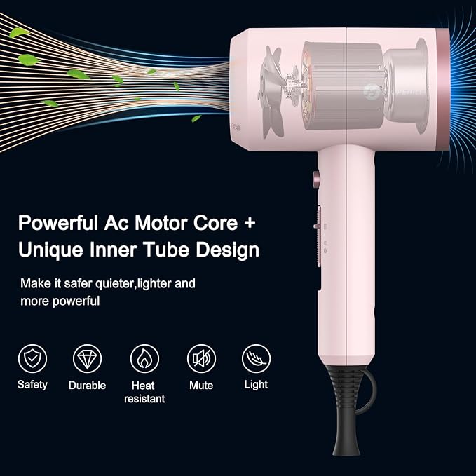 Slopehill Professional Ionic Hair Dryer, Powerful 1800W Fast Drying Low Noise Blow Dryer with 2 Concentrator Nozzle 1 Diffuser Attachments for Home Salon Travel (Pottery Pink and Rose Gold)