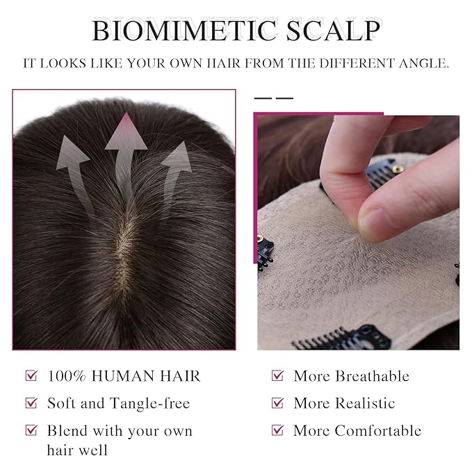 VERNA Real Human Hair Topper, 10 Inch 100％ Human Hair Toppers for Women with Thinning Hair, Large area Coverage Brown Black Hairpiece Wiglet for Daily Wear(8 * 11)