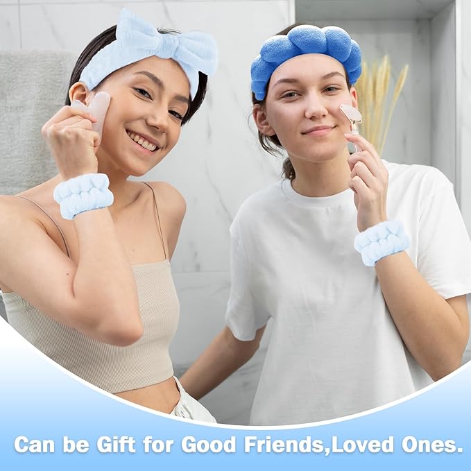 Zkptops 6Pcs Spa Headband for Washing Face Wristbands Set Women Bubble Skincare Makeup Sponge Terry Cloth Padded Puffy Headband Bow Tie Hairband Cute Non Slip Thick Hair Accessory Gifts(Dark Blue)