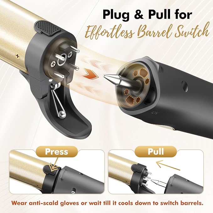 Rotating Curling Iron, 3 in 1 Automatic Curling Iron Set with Interchangeable Barrel 3/4, 1, 1 1/4 Inch, Instant Heat Dual Voltage Curling Wand for Lasting Beach Waves, Gold