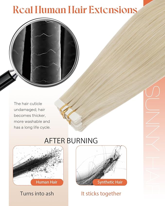 Sunny Hair Tape in Hair Extensions Human Hair 22inch Hair Extensions Real Human Hair Tape in Extensions for Women Platinum Blonde Invisible Natural Straight Skin Weft Double Sided Tape 40pcs 100g