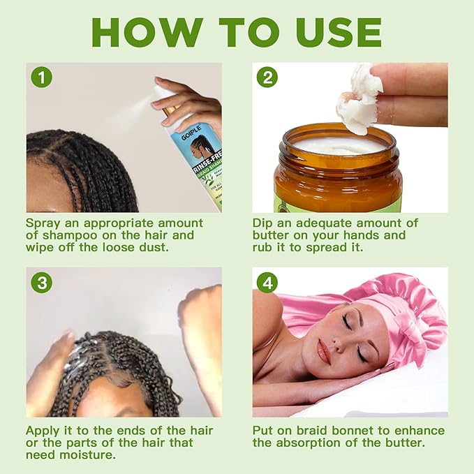 No-Water Braid Shampoo for Locs, Twists, Weaves - Rinse-Free Dreadlock Shampoo for Build-Up, Odor, Itch- Rosemary Mint Butter Braid Balm Scalp Sleeping Balm for Dry Scalp Strengthens Hair Roots&Bonnet