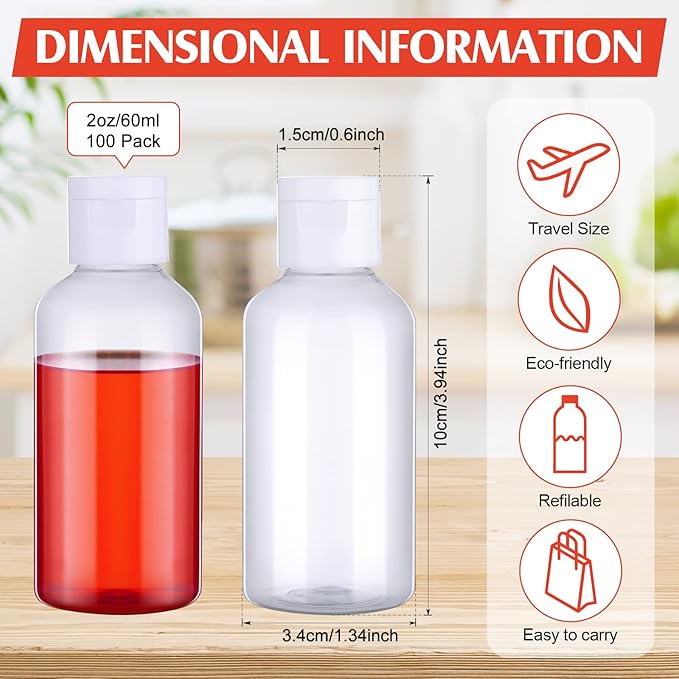 Eccliy 100 Pack 2 oz Travel Bottles Plastic Bottles with Lids Refillable Travel Size Cover Cap Plastic Liquid container for Toiletries Lotions Shampoo Creams Dispensing with 5 Funnels(Clear)