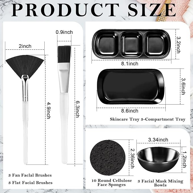 21 Pcs Black Esthetician Supplies 3 Stainless Steel Facial Mask Mixing Bowls 3 Fan Brushes Esthetician 3 Facial Flat Brushes Skincare Tray 3-Compartment Serving Tray 10 Round Compressed Facial Sponges