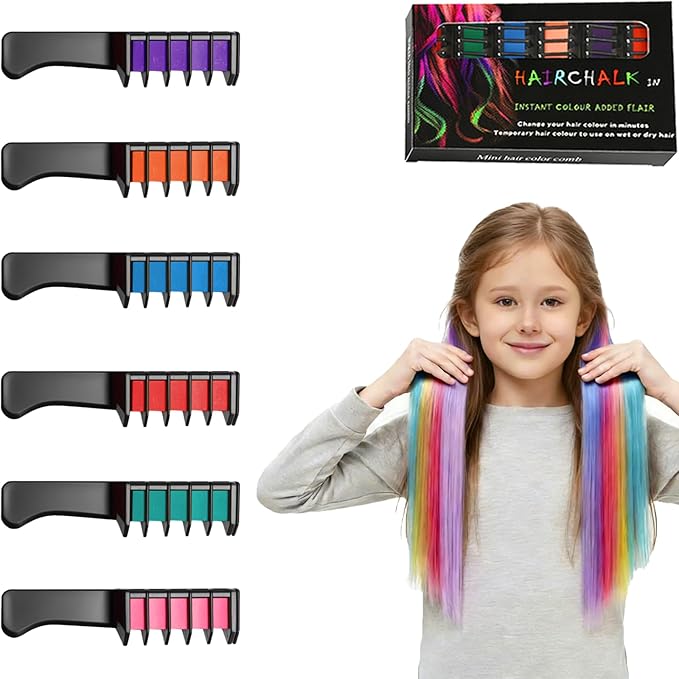6 Colors Festive Fun Hair Chalk Combs, 2026 New Temporary Glitter Hair Colors Hairs Chalk Combs, Washable DIY Color Dye for Birthday Christmas New Year Cosplay Hairs DIY Party for Teenage Girls Kids