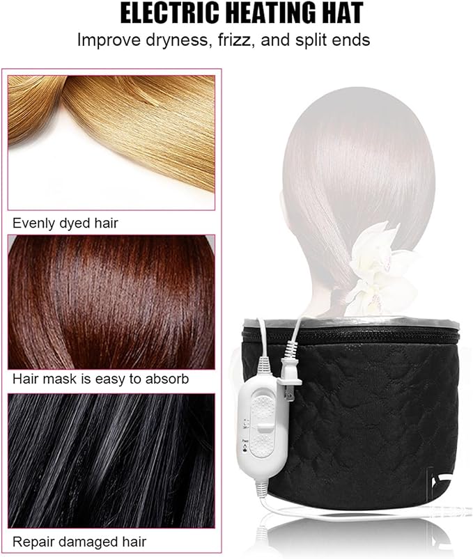 Hair Steamer Heating Cap, Corded Electric Thermal Heated Bonnet for Deep Conditioning,Adjustable Steam Cap with 3 Mode Temperature Control for Hair Home Spa(US Plug)