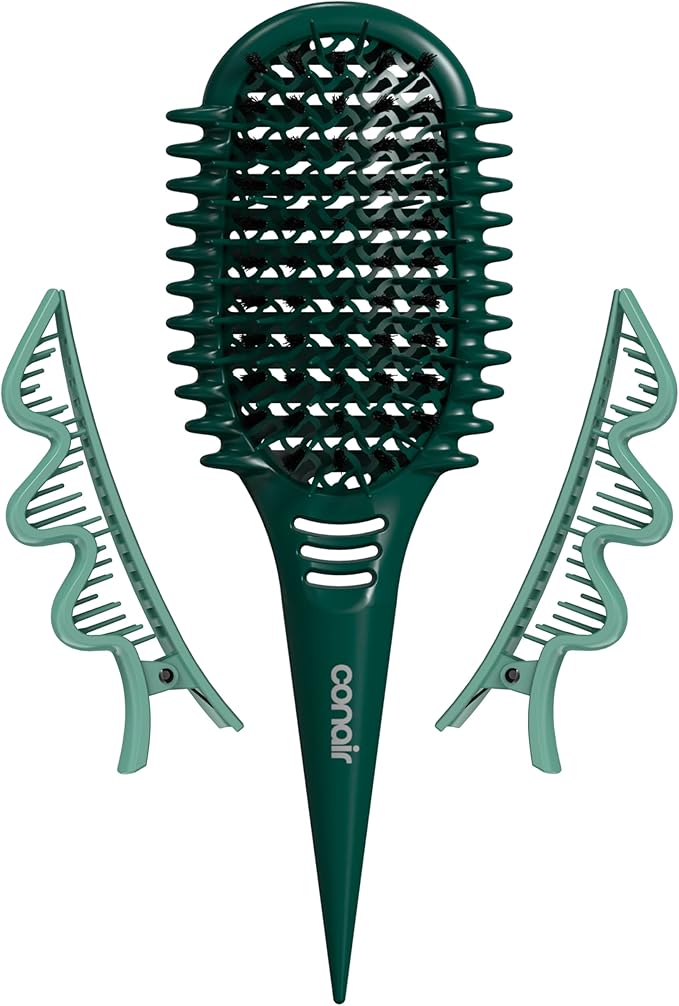 Conair Curl Define Pro Hair Brush for Curly Hairbrush with Sectioning Clips, Dual-Vent Design with Continuous Grooves, Mixed Bristles for Frizz-Free Detangling, Smoothing, and Curl Definition