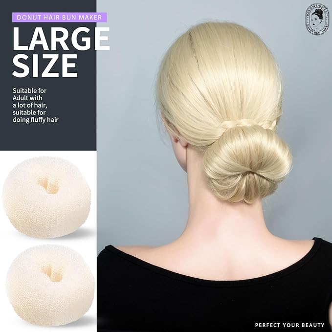 Teenitor Hair Bun Maker Set - 7 Hair Donut for Buns (1 Extra-Large, 2 Large, 2 Medium, 2 Small), 5 Elastic Bands, 20 Hair Pins, Cream White Color