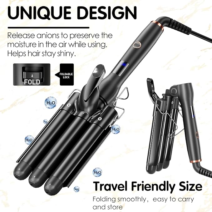Hair Crimper 1 Inch, 3 Barrel Beach Wave Curling Iron, Foldable 25mm 3 Barrel Hair Waver, Adjustable 4 Temperature Settings Heat Up Quickly Hair Curler Curling Wand with LCD Temperature Display