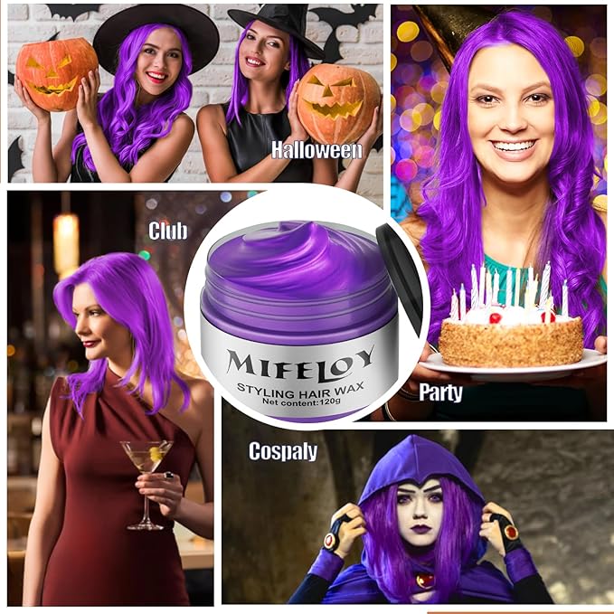 Purple Temporary Hair Color Wax, Instant Natural Hairstyle Cream Dye, Washable Styling Pomadesfor Men Girls Women Youth, Disposable Violet Coloring Mud for Party Cosplay DIY Halloween，