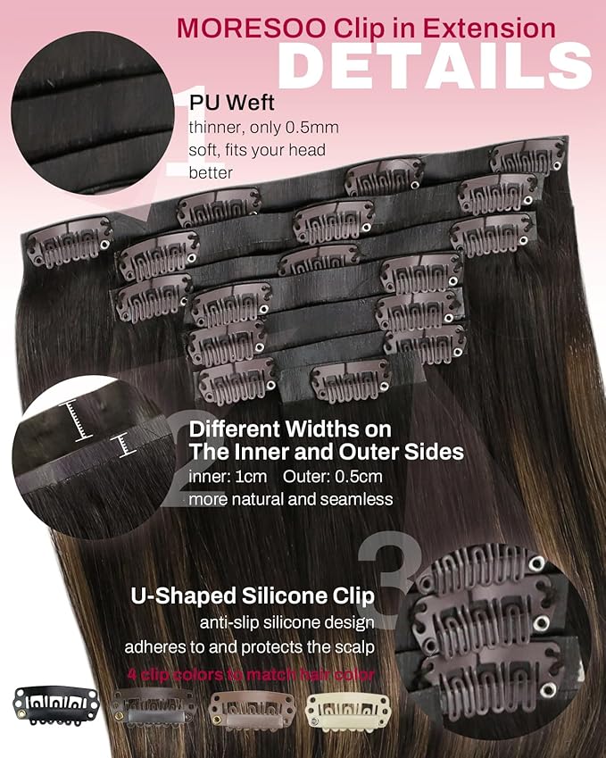 Moresoo Seamless Human Hair Clip in Extensions Dark Brown Balayage Clip ins Hair Extensions Real Human Hair Dark to Medium Brown Ombre for Women Thick And Invisible Pu Skin 150g/7pcs 22 inch