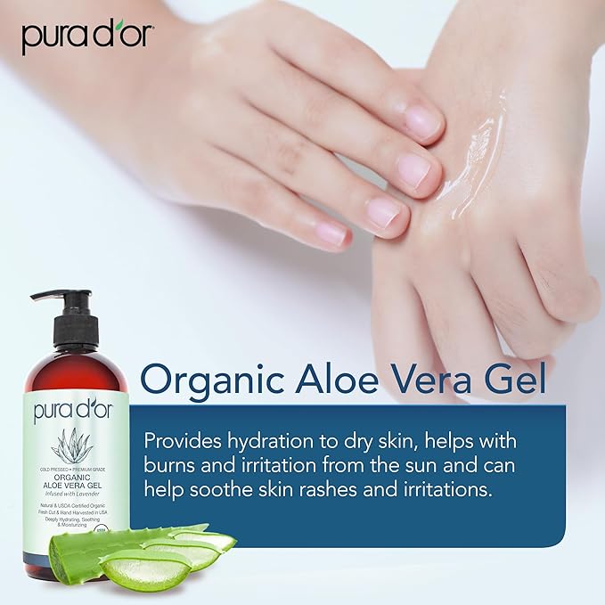 PURA D'OR 16 Oz ORGANIC Aloe Vera Gel - Lavender - All Natural - ZERO Artificial Preservatives - Deeply Hydrating & Moisturizing - Sunburn, Bug Bites, Rashes, Small Cuts, Eczema Relief - Skin & Hair