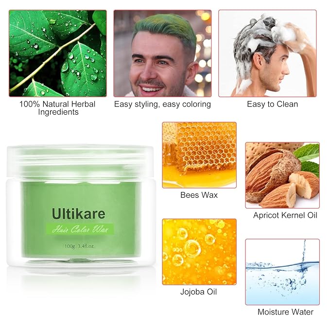 Green Hair Dye Wax, Ultikare Temporary Hair Color for Kids 3.4 Fl Oz Washable Natural Hair Wax Color Dye Mud Cream DIY Hairstyle Clay For Halloween, Cosplay, Party, Christmas Gift Boys