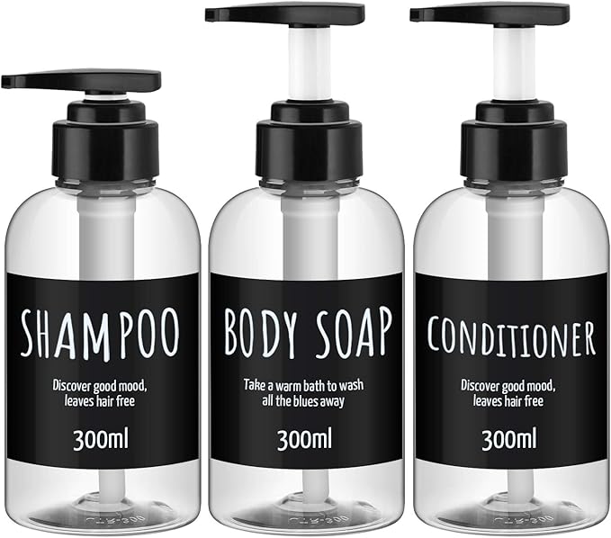 Shampoo Dispenser Bottle, Segbeauty 3pcs 10.1oz/300ml Plastic Pump Bottle Dispenser, Refillable Shampoo Pump Bottles for Shower, Pump Bottles for Body Soap Shampoo Conditioner Hotel Bathroom