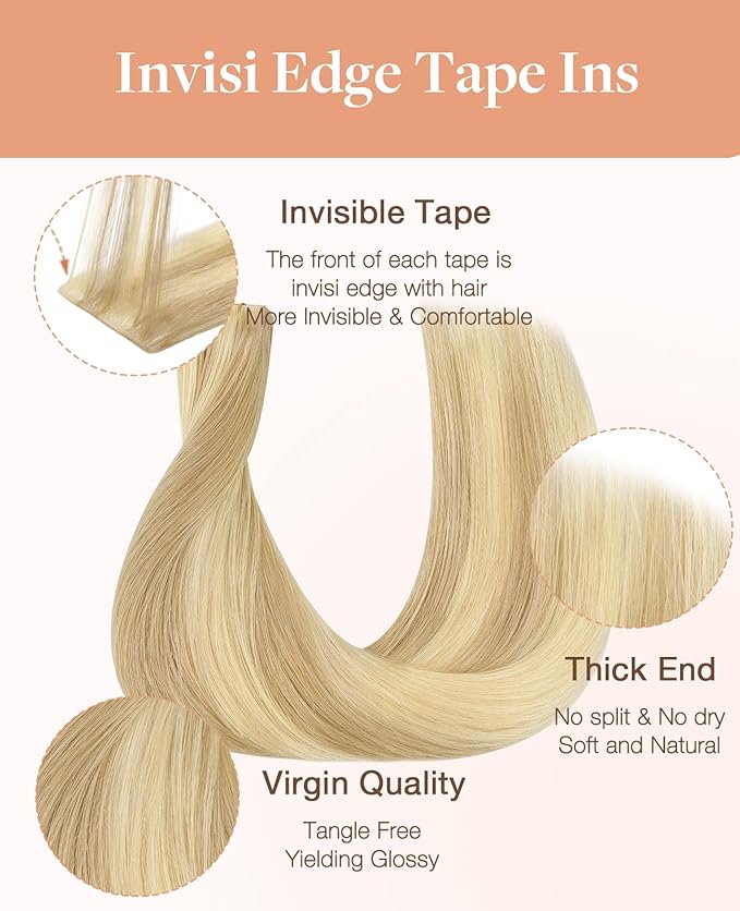 GOO GOO Invisi Edge Tape in Hair Extensions Human Hair, 18D/22F Dirty Blonde Highlights, 6pcs 16inch 15g, Virgin Remy Hair, Seamless Injected Tape, Natural Look