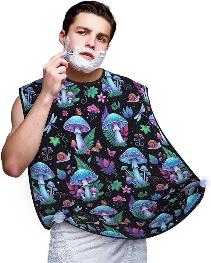 Beard Grooming Cape, Waterproof Hair Catcher for Shaving Trimming, Non-Stick Bib Apron Gifts for Dad Men, Witch Mystery Magic Mushroom Purple Leaf Trippy Mushrooms Shave Bib