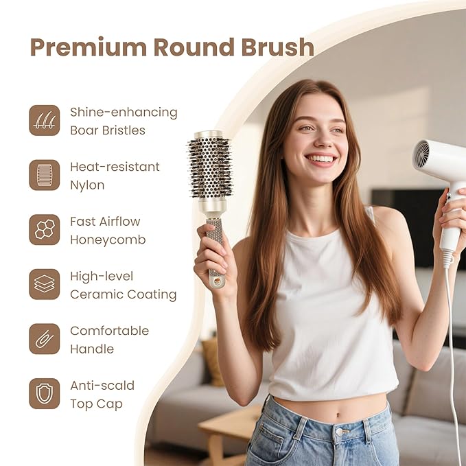 AIMIKE Round Brush for Blow Out, Medium Round Hair Brush Nano Thermal Ceramic & Ionic Tech, for Blow Drying & Styling, Curling and Shine - 2.9 inch Barrel w/Boar Bristles