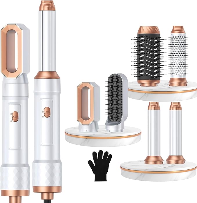 6 in 1 Air Styler Magic Hair Dryer Brush, Negative Ionic Blow Dryer Brush & 3 Heat Settings, Detachable Auto Curling & Straightening Volumizing, Frizz-Free Styling, Salon to Home Use (A-White-Pink)
