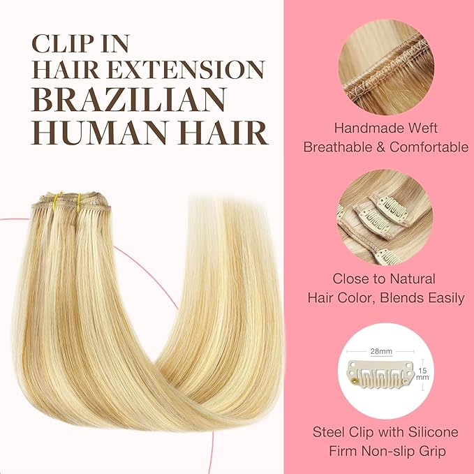 GOO GOO Clip in Hair Extensions Real Human Hair, Remy Human Hair Extensions Clip ins for Women, Natural Human Hair, 20inch 80g 2Pcs, #16/22 Light Blonde Highlighted Golden Blonde