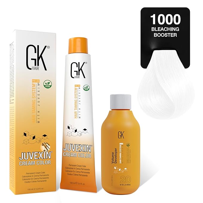 GK HAIR Global Keratin SuperLighteners 1000 Bleaching Booster Hair Color Cream Tube (3.4 Fl Oz/100ml) + 20 Volume Developer (5 Fl Oz/150ml) - Professional Permanent Long Lasting Toner Dye