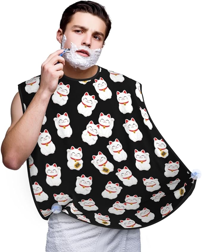 Stretchable Beard Cape, Non-Stick Hair Catcher for Trimming, Waterproof Grooming Apron, Cute Kitten Cats Lucky Cat Black