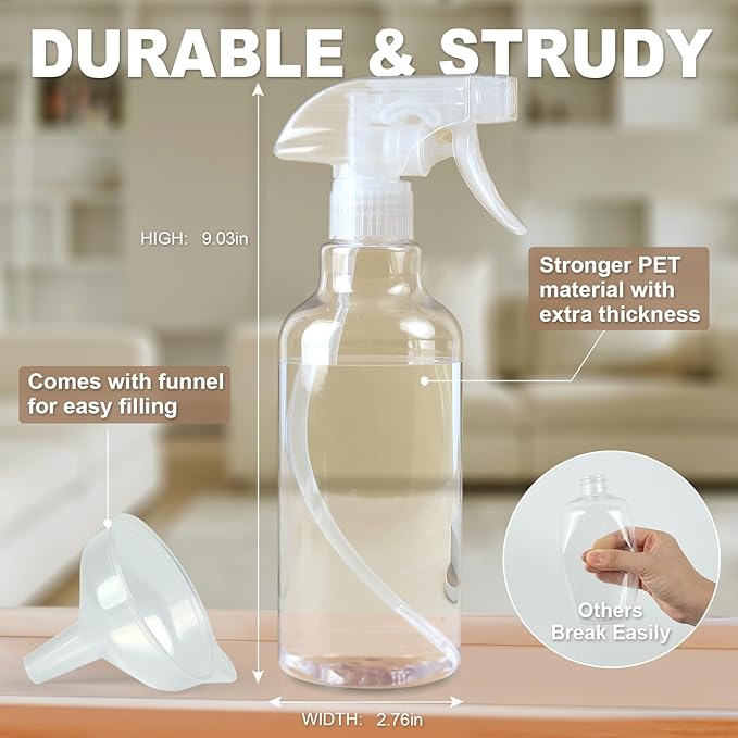 Plastic Spray Bottles (2-Pack, 16.9 Oz) Heavy Duty Spraying, Mist & Stream, Empty Water Sprayer Bottle for Cleaning Solutions, Essential Oils, Hair, Plants, BBQ, Dog Cat Behavior Correction (Clear)