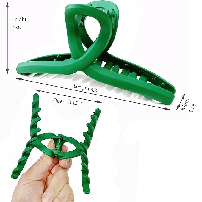 Solid Green Large Hair Claw Clips for Thick/Fine/Thin Hair,Strong holding teeth interlocking Women Jaw Clips for Hair 3 Count In set green hair clips for patrick's day (Green)