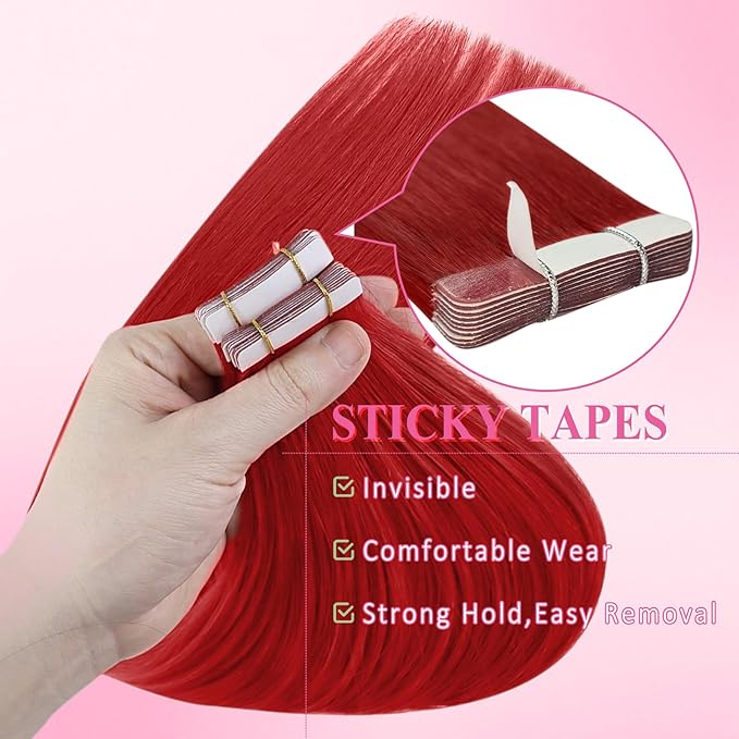 YoungSee Tape in Hair Extensions Red Tape in Extensions Human Hair 18Inch Tapes in Real Hair Red Long for Women 10Pcs 25G