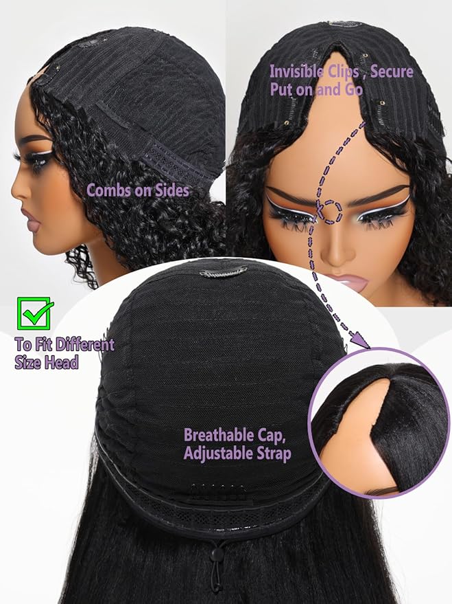 YIROO EasiContour V Part Wigs Ombre Brown Glueless Human Hair Upgrade U Part Wig with Dark Roots Highlight V Shape Clip Wigs Beginner Friendly with Drawstring Ready to Wear Chestnut Brown Color 16Inch