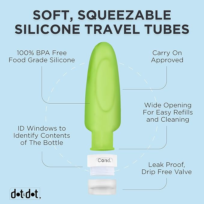 Dot&Dot Leak Proof Travel Bottles - TSA Approved 3oz Silicone Toiletries Travel Shampoo & Conditioner Containers with Labels