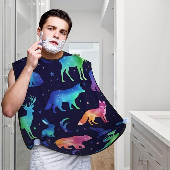 Waterproof Beard Trimming Bib, Non-Stick Hair Catcher for Men Shaving, Grooming Apron for Husband Dad, Space Galaxy Deer Bear Moose Fox Wolf Wild Animals Shave Bib