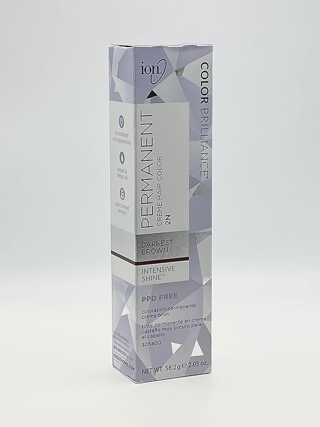 Ion Permanent Creme Hair Color 2N Darkest Brown, Vegan, Cruelty Free, PPD Free, 100% Gray Coverage, Long Lasting, Fade Resistant Color, 2.05 oz