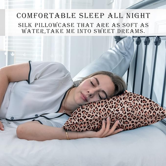 Mulberry Silk Pillowcase for Hair and Skin Queen Size Leopard Print Silk Pillow Cases with Zipper Soft Breathable Smooth Cooling Silk Pillow Covers for Sleeping (Taupe Leopard,20"X 30",1Pcs)