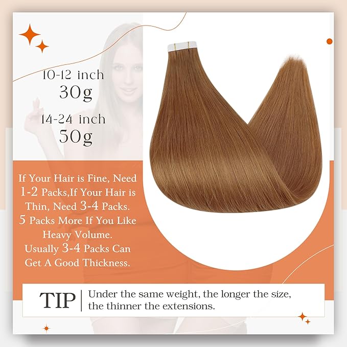 Full Shine Tape ins Human Hair Extensions 20 Inch Hair Extensions Real Human Hair Color 330 Orange 50Gram Remy Seamless Skin Weft 20Pcs Double Sided Tape ins Add Length for Women