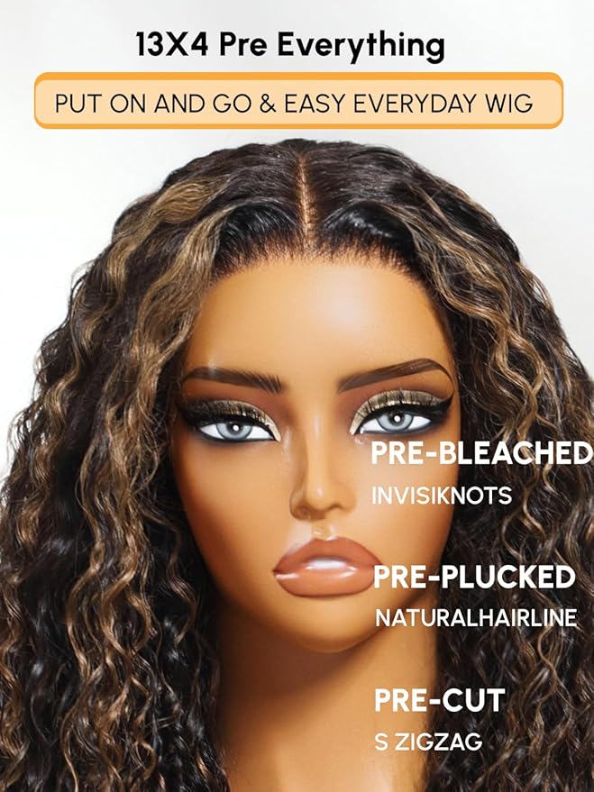 Julia Hair Golden Brown Highlight Water Wave and Jerry Curly Wig Mixed Curls 13X4 Lace Front Pre Everything Wigs Glueless Human Hair Lace Frontal with Invisi Drawstring Ready to Go 22 Inch