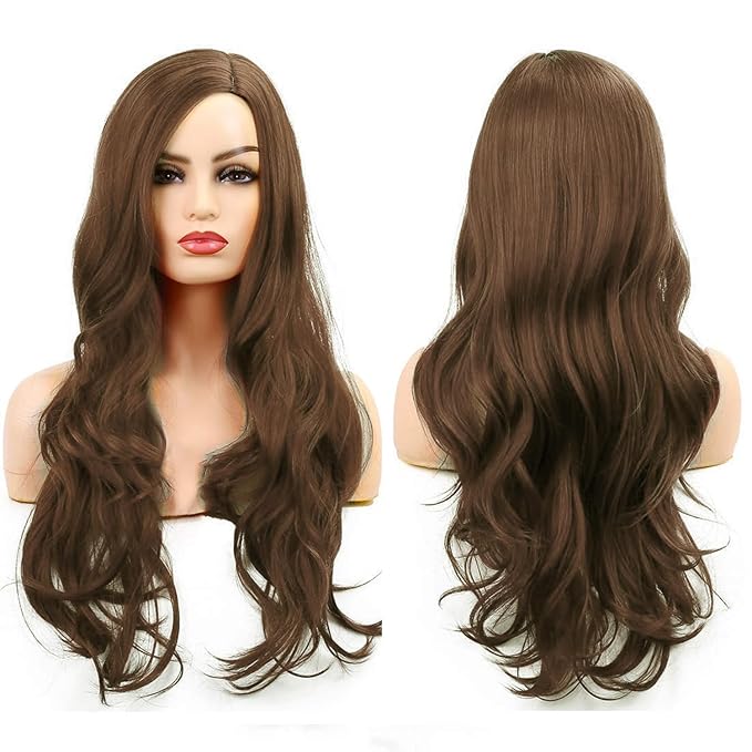 Baruisi Long Curly Wavy Brown Wigs for Women Side Part Natural Looking Cosplay Synthetic Heat Resistant Replacement Wig