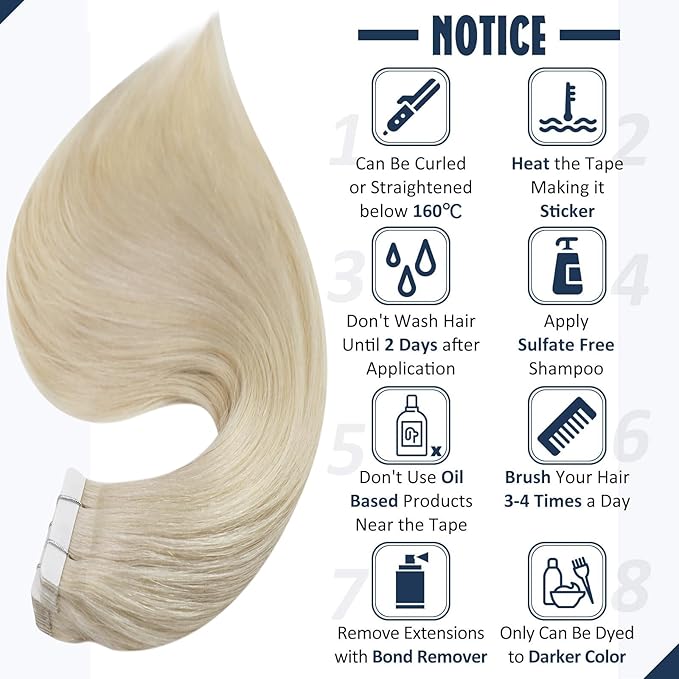 Full Shine Invisible Hair Extensions Tape in Platinum Blonde 60 Blonde Hair Extensions Real Human Hair 14Inch Straight Hair Extensions for Short Hair 20pcs 50Grams Add Volume