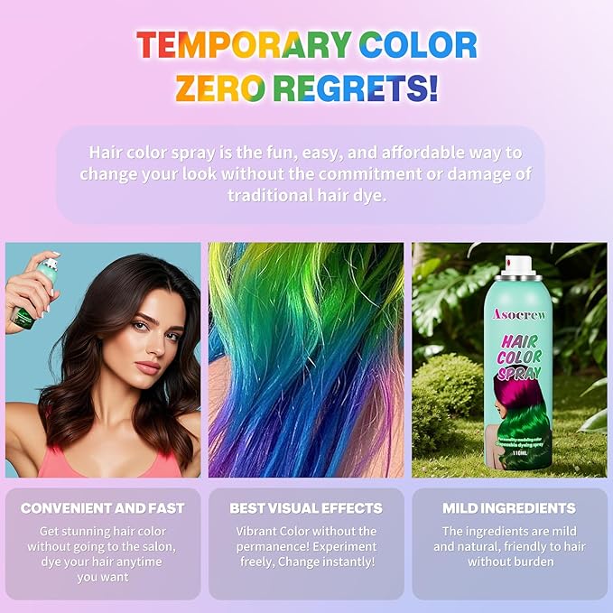 Christmas HairSpray Temporary Hair Color Spray for Women and Kids,One-Time Use Hair Spray, Washable Disposable Natural Color Hair Spray Dye for Party.Halloween, Cosplay (Green)