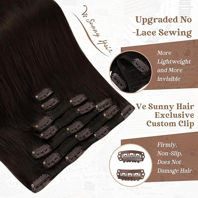 Ve Sunny Real Hair Extensions Clip in Human Hair Dark Brown Remy Hair Extensions for Women Human Hair Clip in Extensions Brazilian Hair Straight 20inch 120g 7pcs