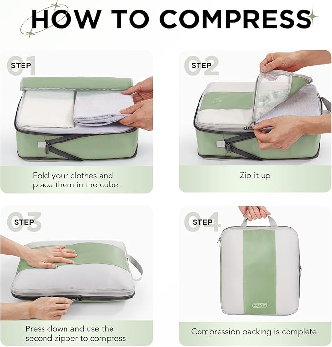 10 Set Compression Packing Cubes for Travel Essentials,Compressible Expandable Packing Cubes for Suitcase,OlarHike Luggage Organizer Bags for Travel,Handy Helper for Organizing Clothes(Matcha Green)