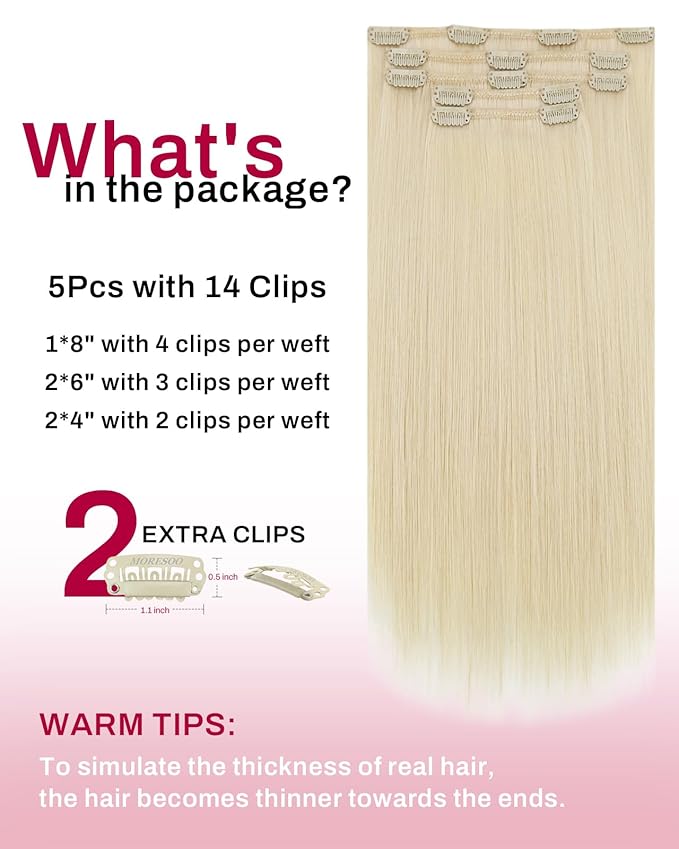 Moresoo Short Blonde Clip in Hair Extensions Remy Human Hair Short Golden Platinum Blonde Hair Extensions Clip ins Straight for Women Double Weft 80g/5pcs 12 inch