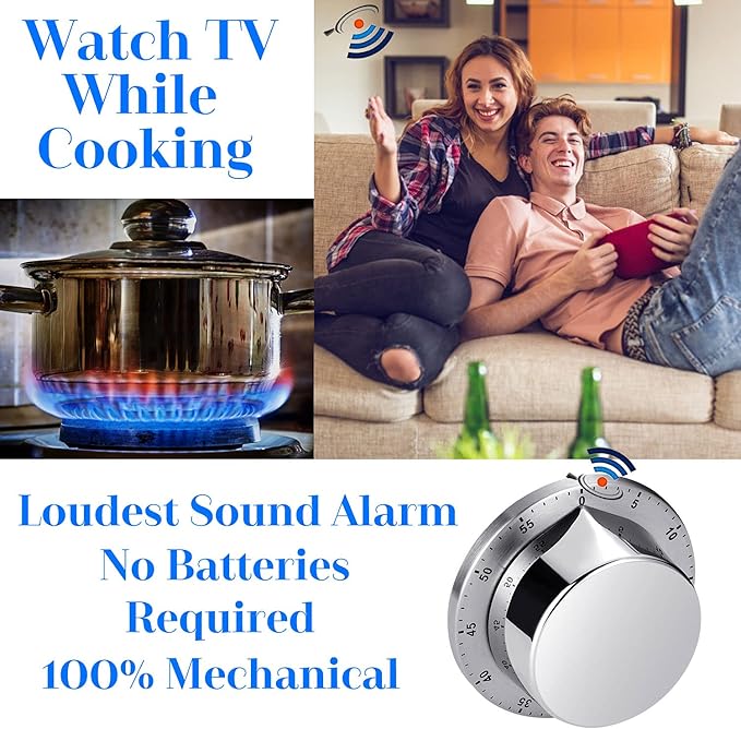 Kitchen Timer, Chef Cooking Timer Clock with Loud Alarm, No Batteries Required, 100% Mechanical - Magnetic Backing, Exquisite Stainless Steel Body - Countdown Reminder - Silver 1Pack