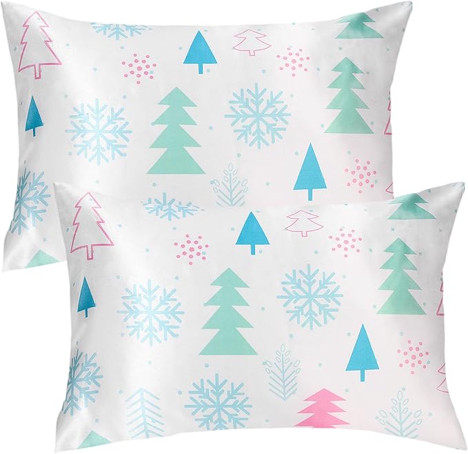 Christmas Tree Satin Pillowcase for Hair & Skin Care, Queen Size Set of 2 - Luxurious Satin Pillow Cover with Envelope Closure(20x30 Inches)