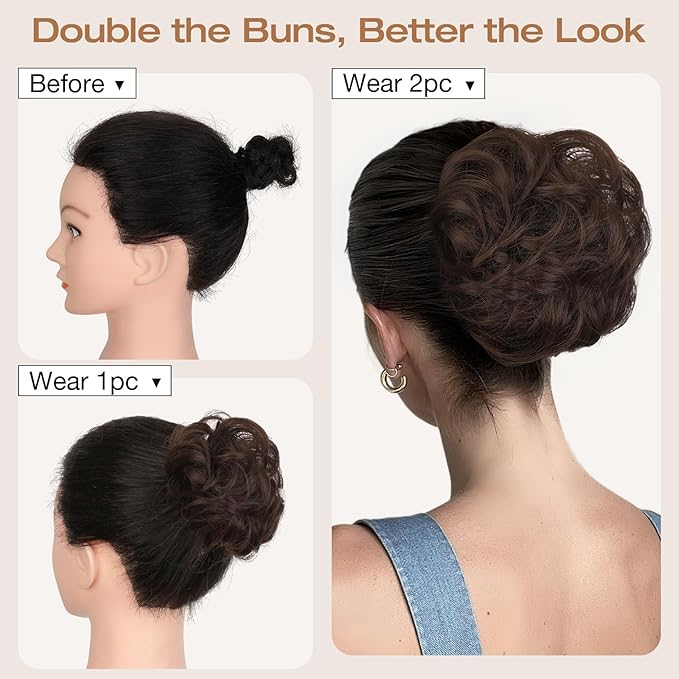 Messy Bun Hair Piece Wavy Curly Scrunchies Fluffy Donut Thick Updo Elegant Chignon Hairpieces for Women Girls, Ash Blonde Mix Bleach Blonde 1.4oz