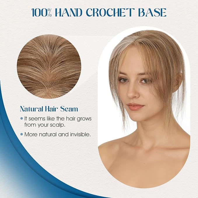 Hair Topper with Side Bangs Human Hair Curtain Bangs Topper for Women,3.54x4.92 T-part Lace Base Real Human Hair Topper Hair Piece for Daily Wear(Side Bangs,Medium Brown & Dark Blonde)