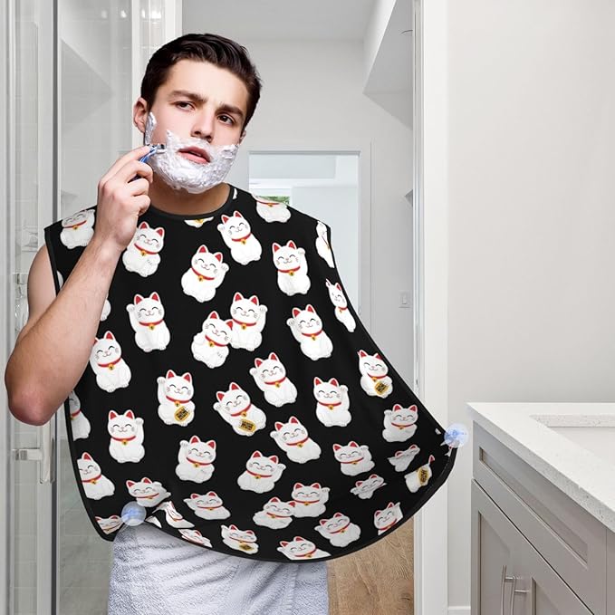 Stretchable Beard Cape, Non-Stick Hair Catcher for Trimming, Waterproof Grooming Apron, Cute Kitten Cats Lucky Cat Black