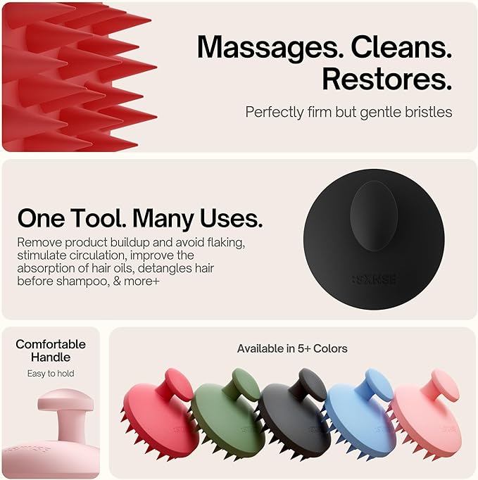 SXNSE - Revive Silicone Scalp Massager, Cherry - Manual Hair & Scalp Scrubber for Dandruff, Buildup, Itch, & Hair Growth - Soft Exfoliating Silicone Bristles for Wet & Dry Hair, Flake-Free Finish