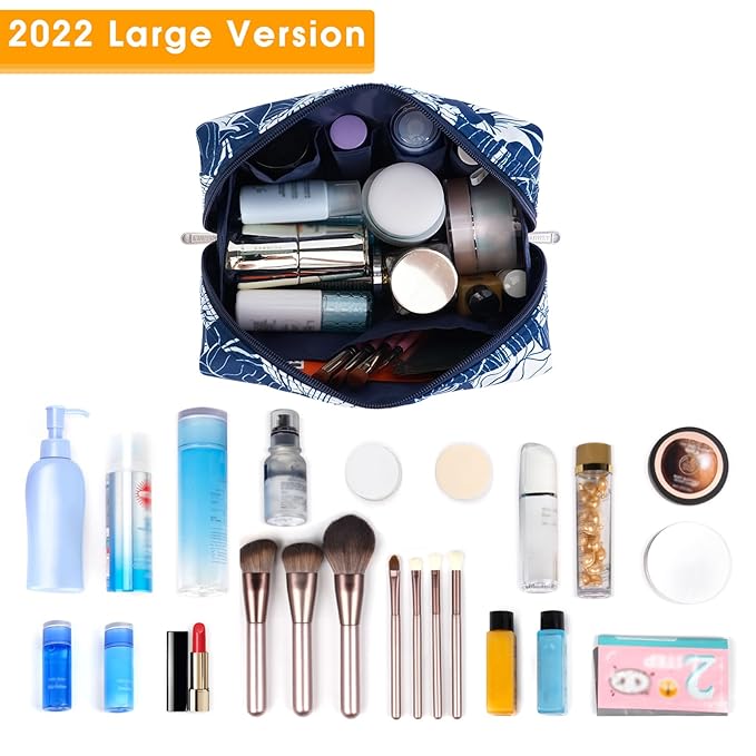 Narwey Cute Makeup Bag Travel Cosmetic Bag Organizer Toiletry Bag Make Up Bags with Compartments for Women Girls (Large, Blue Lotus)