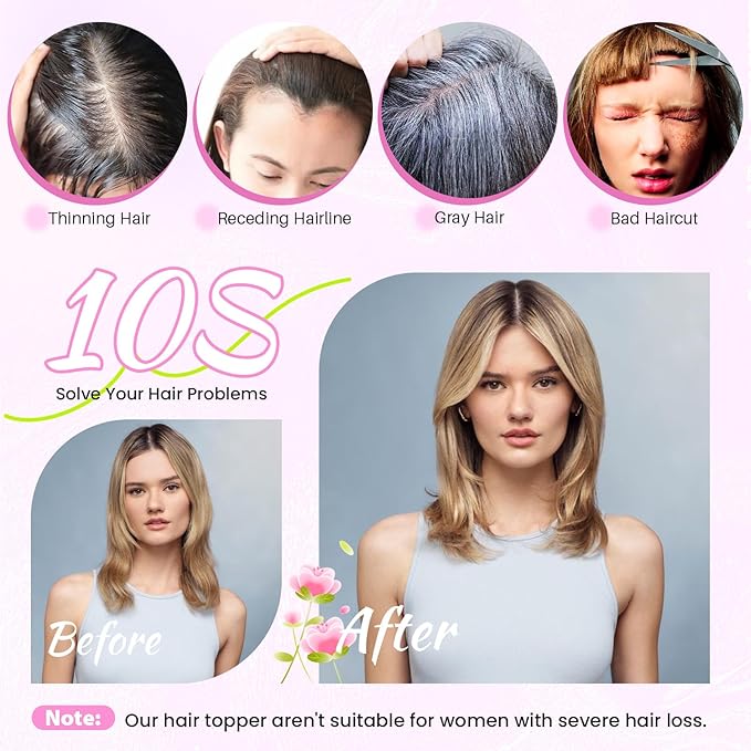 YAMI Hair Toppers for Women Fluffy Human Hair Topper 10inch Handmade Swiss Base Hairpieces 360° Cover Hairloss (Ombre Brown with Blonde Highlight)